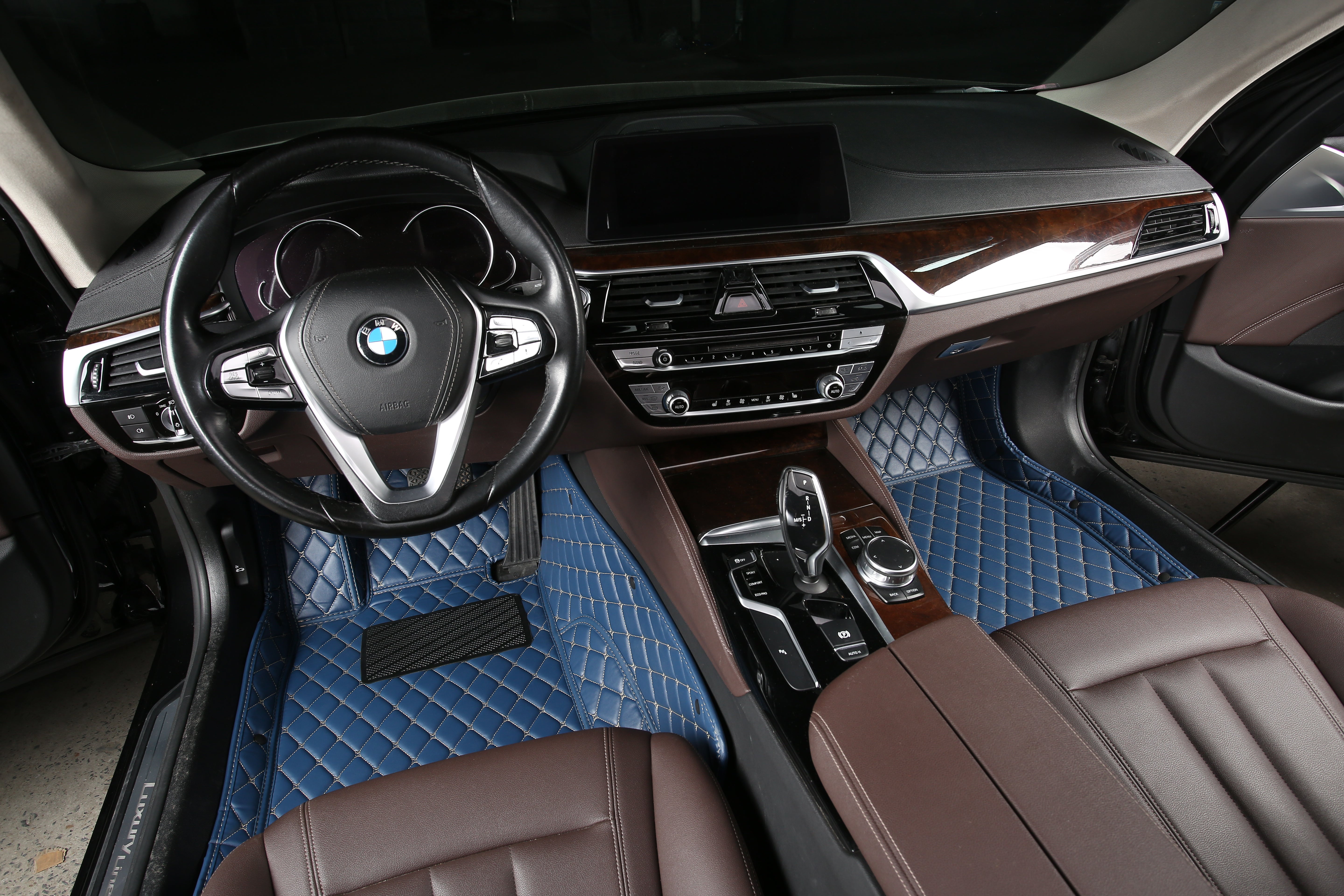 Blue Leather and White Stitching Custom Fit Floor Mats