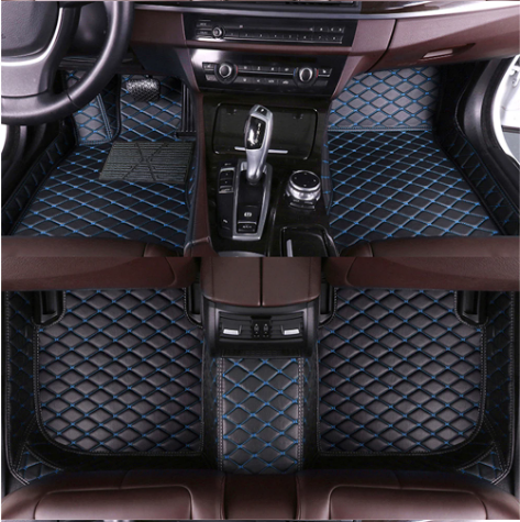 Black Leather and Blue Stitching Custom Fit Floor Mats