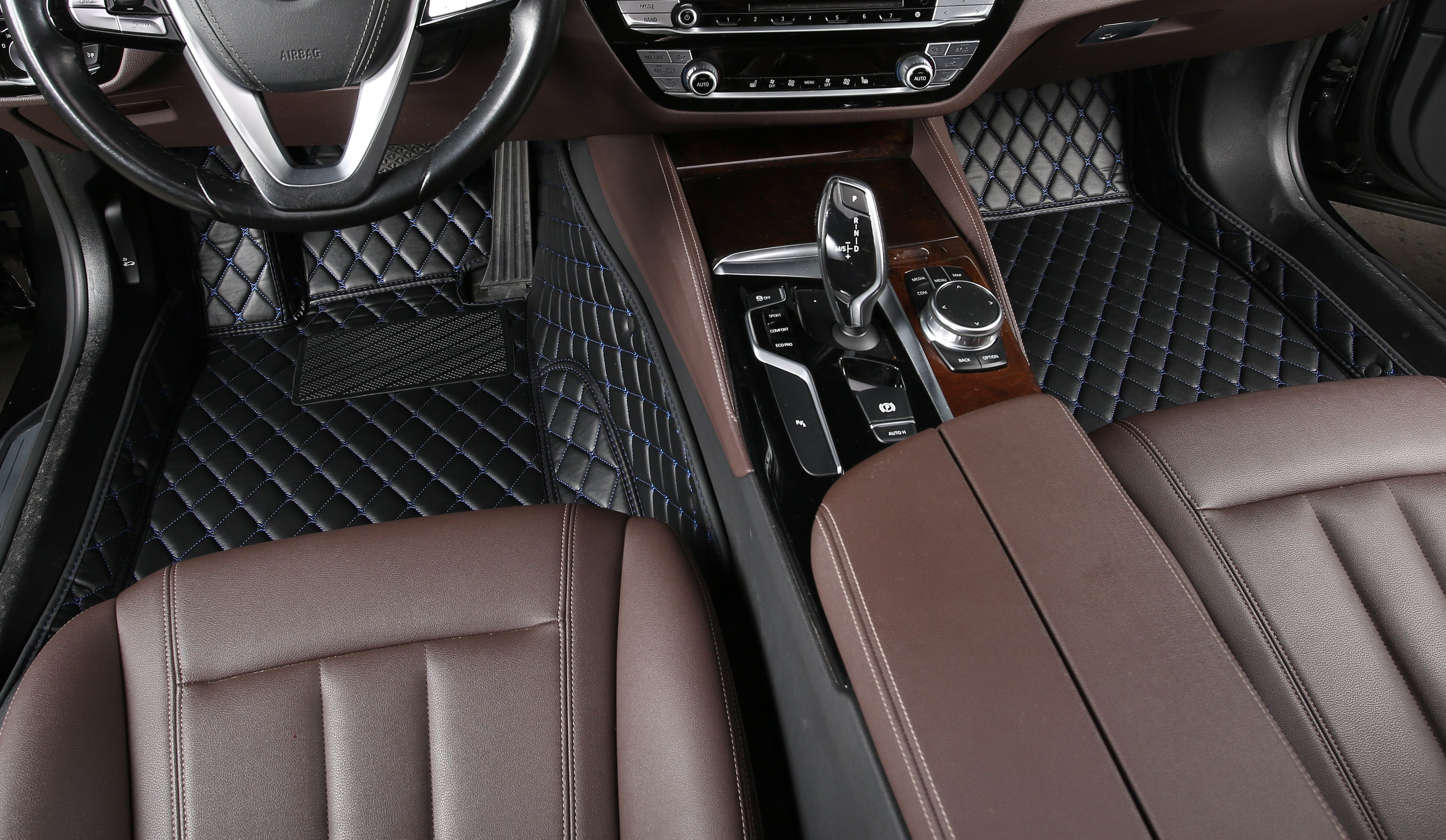 Black Leather and Blue Stitching Custom Fit Floor Mats