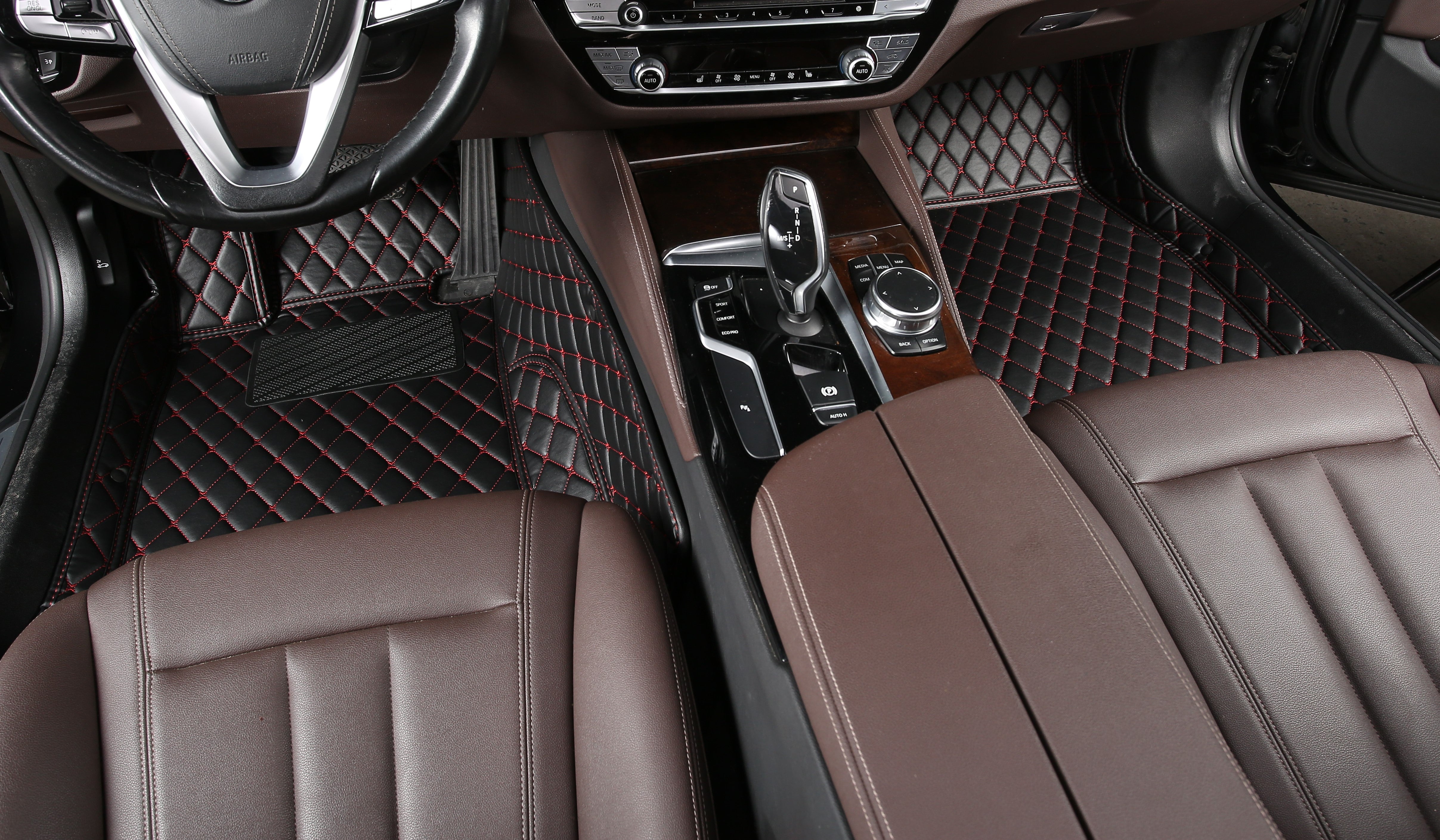 Black Leather and Red Stitching Custom Fit Floor Mats