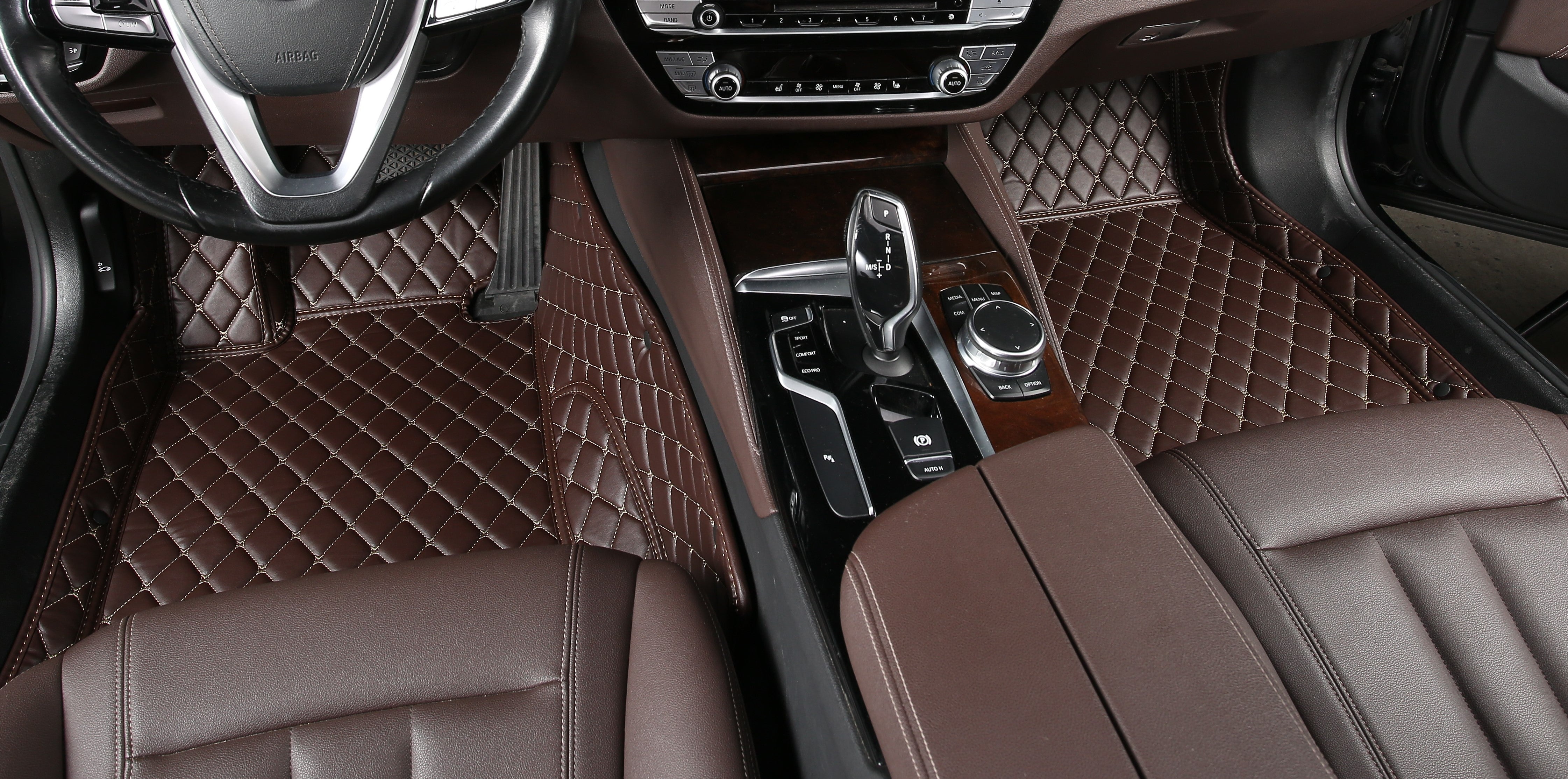 Coffee Leather and White Stitching Custom Fit Floor Mats