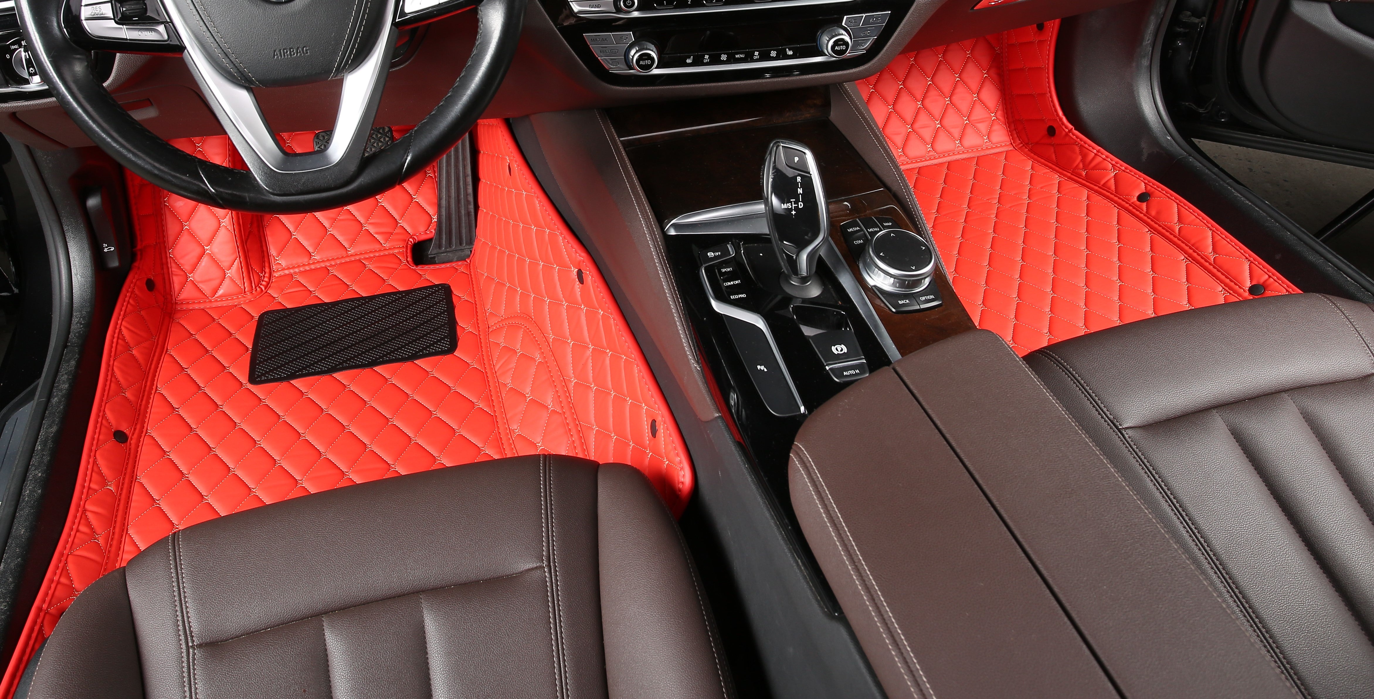 Red Leather and White Stitching Custom Fit Floor Mats